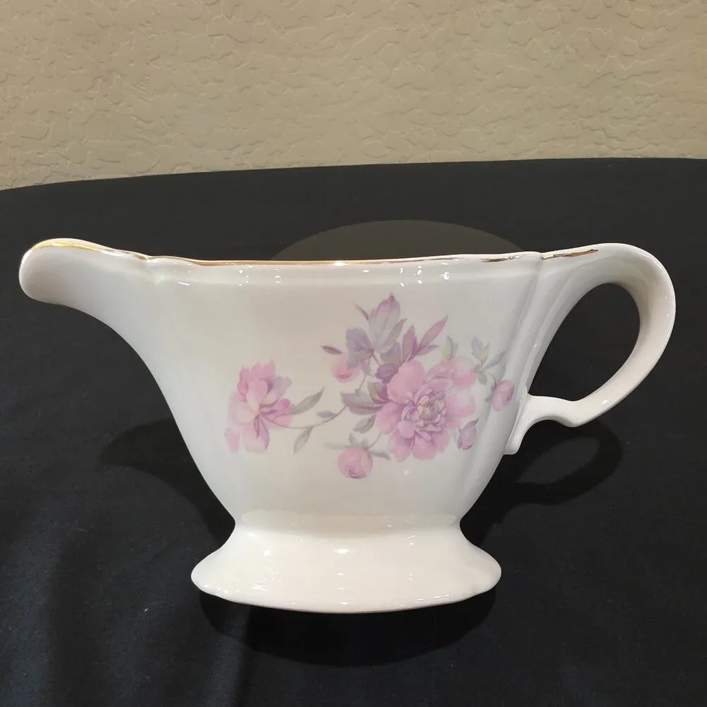 1952 Handled Floral Gravy Boat Edwin M. Knowles Light Pink Rose Gold Trimmed